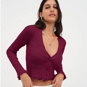 For Love and Lemons Nina Burgundy Scalloped Edge Cardigan Sweater - Small
